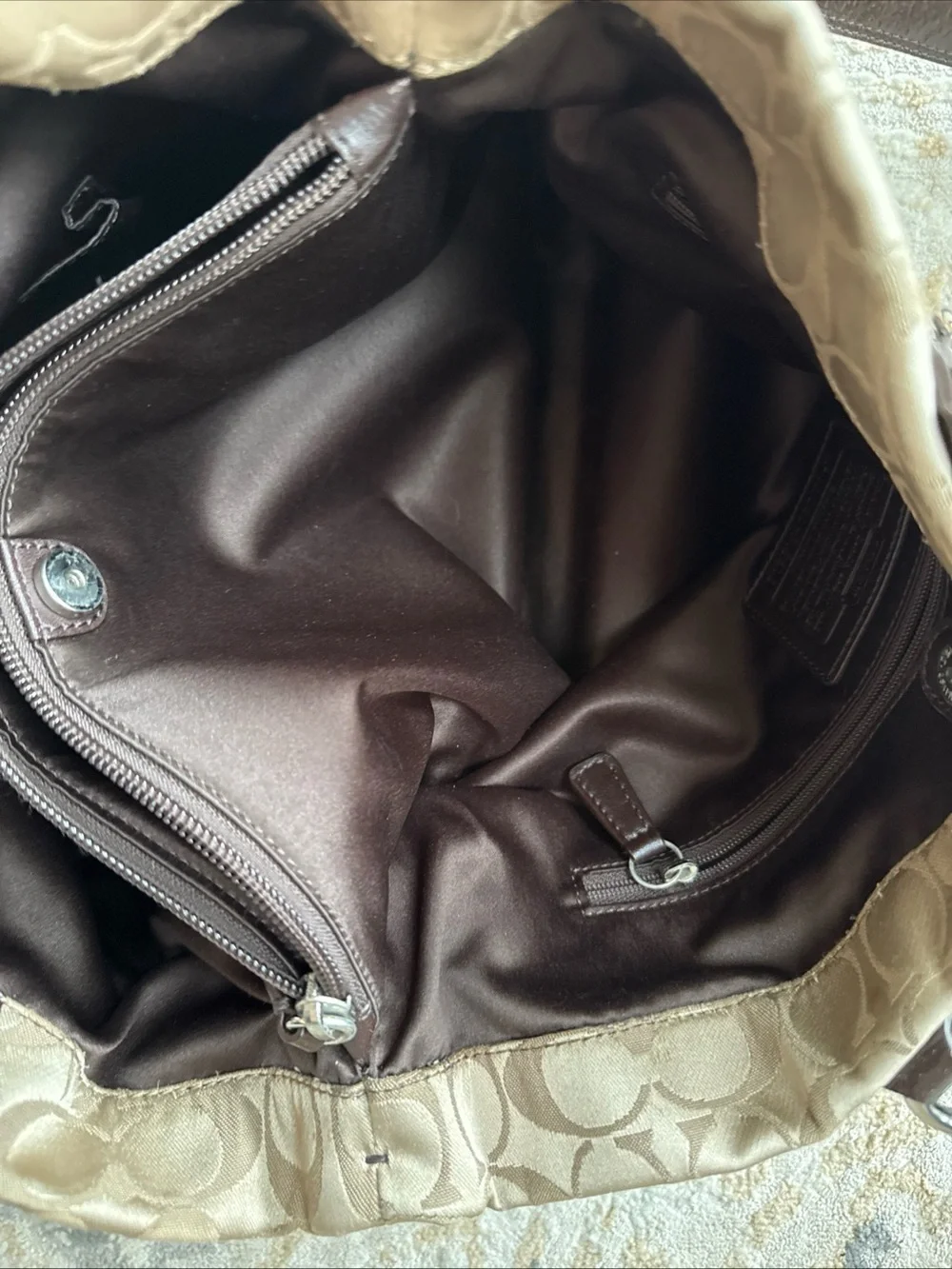 Coach Beige Signature Tote with Dark Brown Leather Trim